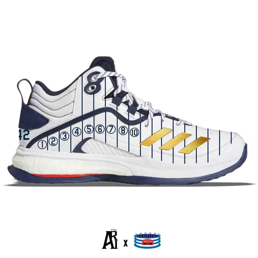 White and navy Adidas Bronx Legends Icon 6 Turf BP AJ99 Baseball Shoe