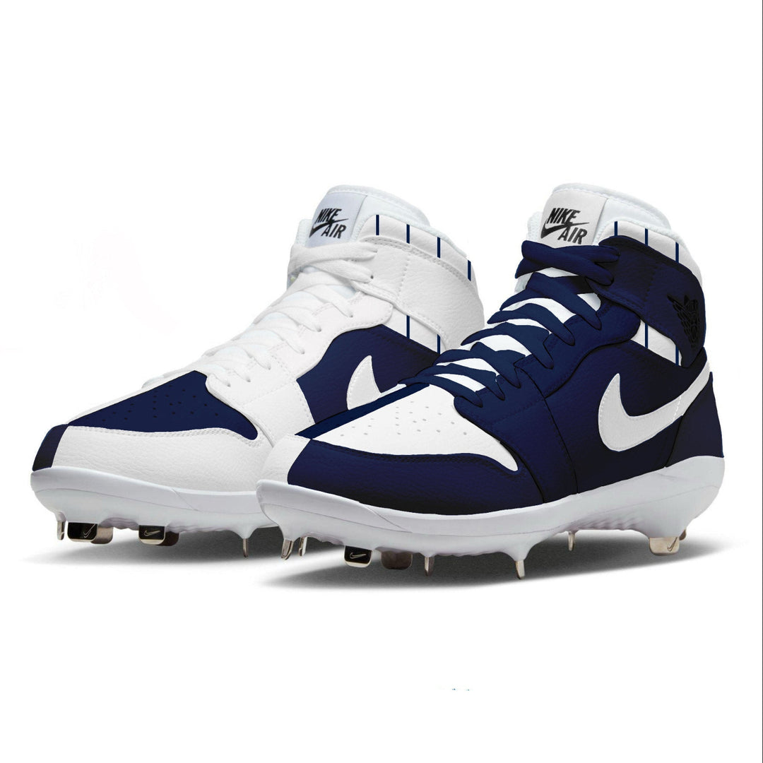 White and blue baseball cleats with Nike logo on a white background