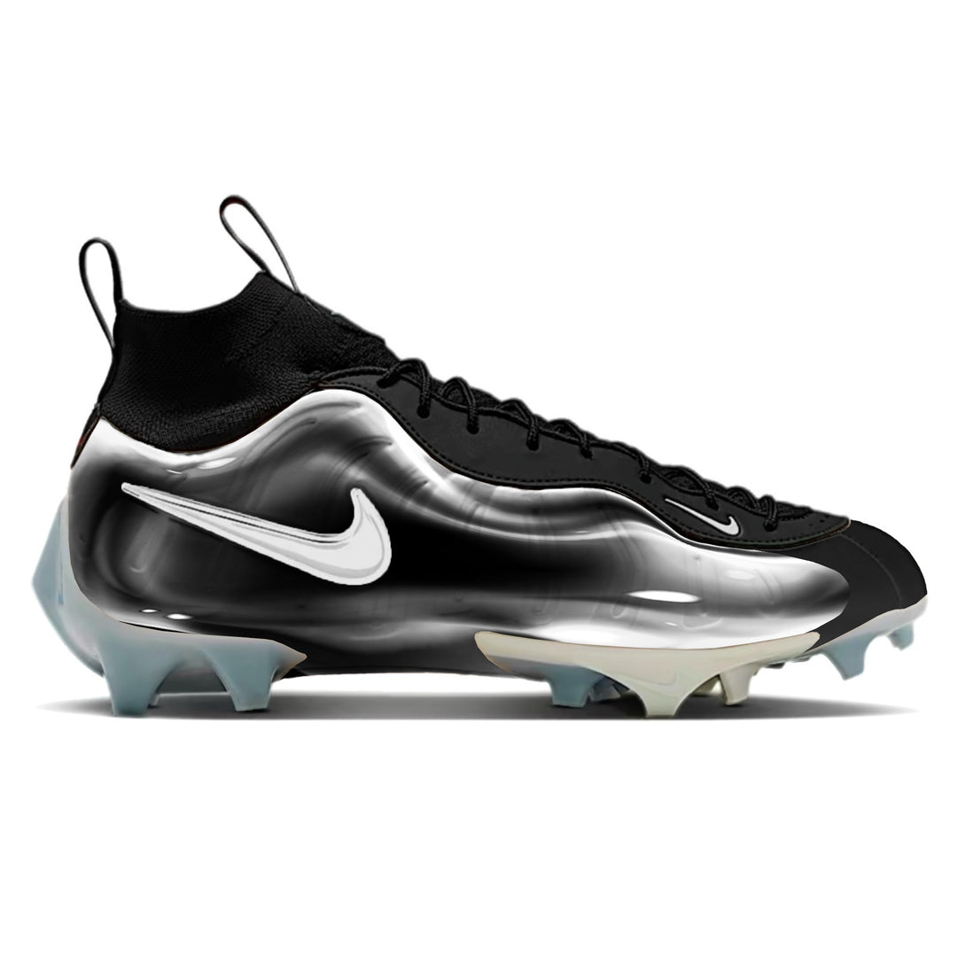 Bubble Nike Vaporposite Pro Football Cleats in black and silver with a glossy bubble shell upper, white Nike Swoosh, and icy blue translucent outsole by Stadium Custom Kicks
