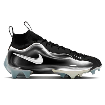 Bubble Nike Vaporposite Pro Football Cleats in black and silver with a glossy bubble shell upper, white Nike Swoosh, and icy blue translucent outsole by Stadium Custom Kicks