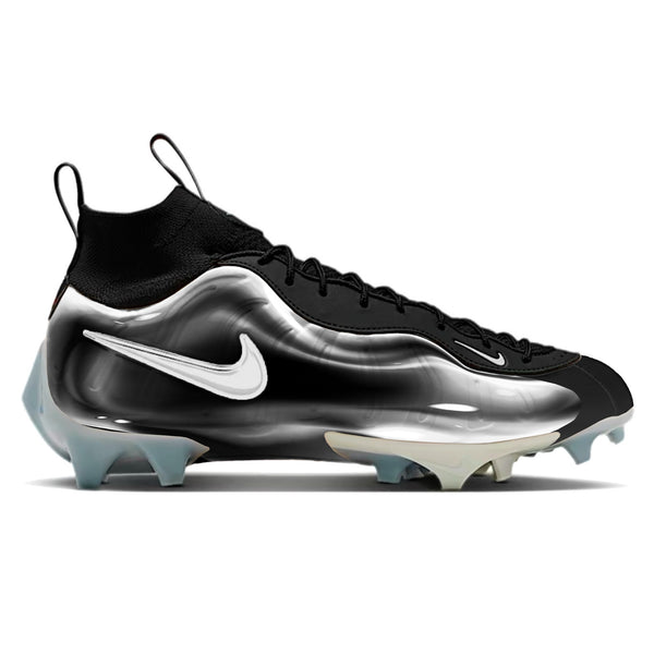 Bubble Nike Vaporposite Pro Football Cleats in black and silver with a glossy bubble shell upper, white Nike Swoosh, and icy blue translucent outsole by Stadium Custom Kicks