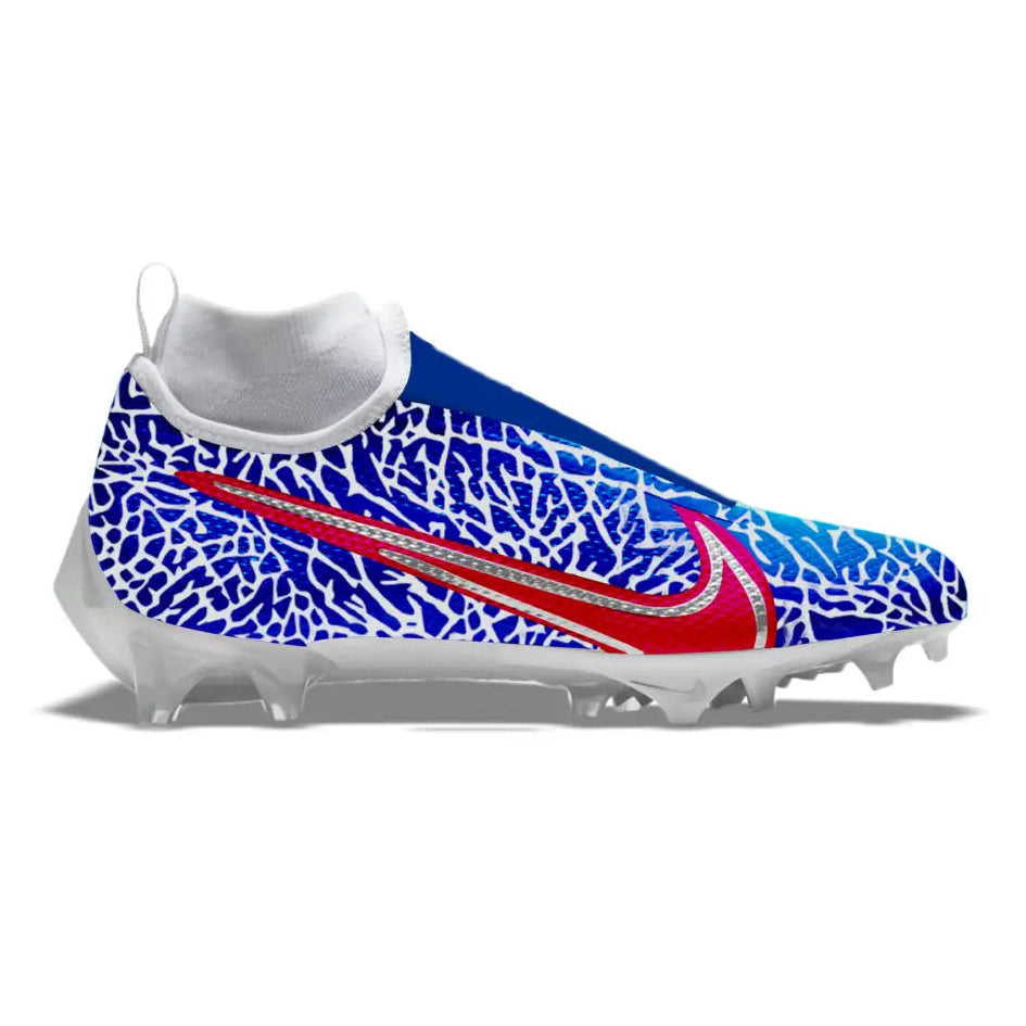 Blue and white patterned Nike Vapor Pro 360 Buffalo Elephant football cleats