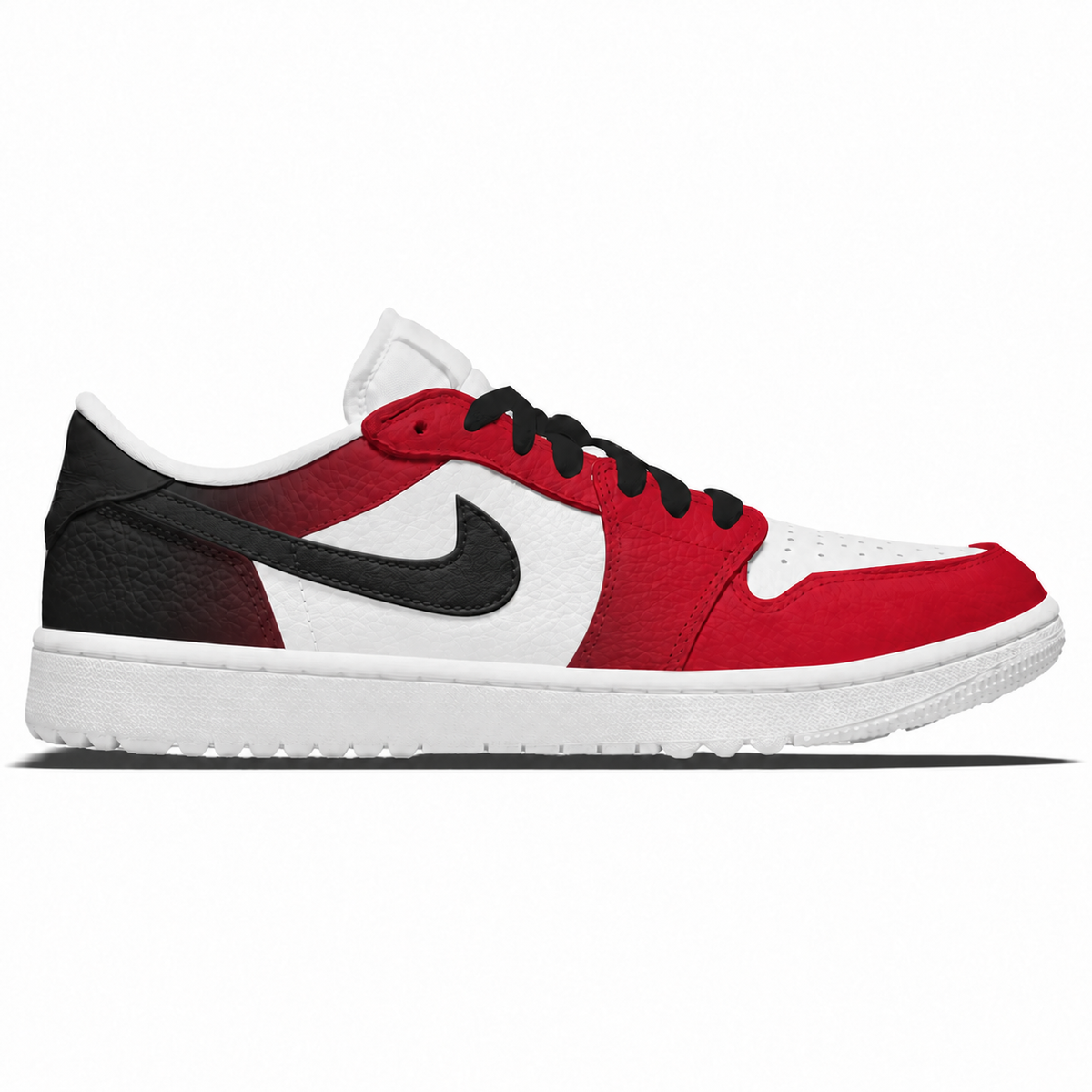 A low-top Nike golf sneaker in red, white, and black, shown from the side against a plain white background.