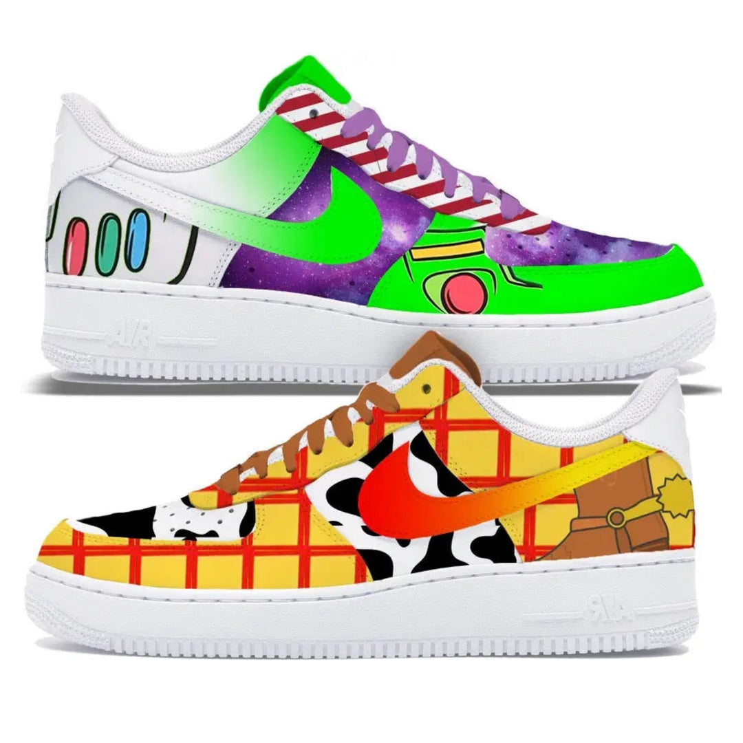 Toy Story themed Nike Air Force 1 Low Sneakers featuring Buzz and Woody characters