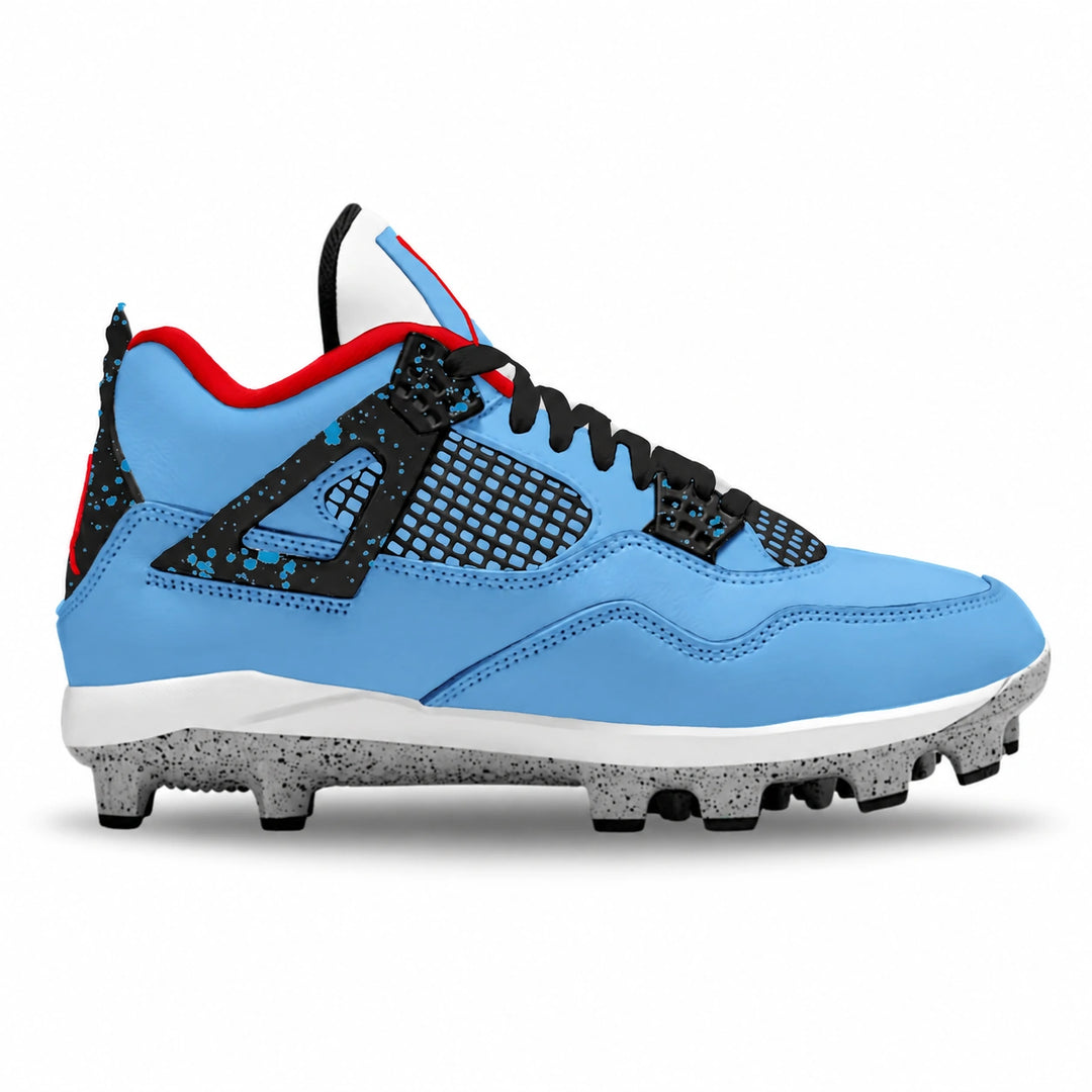 A light blue and black baseball cleat with red lining accents, a white midsole, and gray speckled outsole studs, shown in a side profile on a white background.