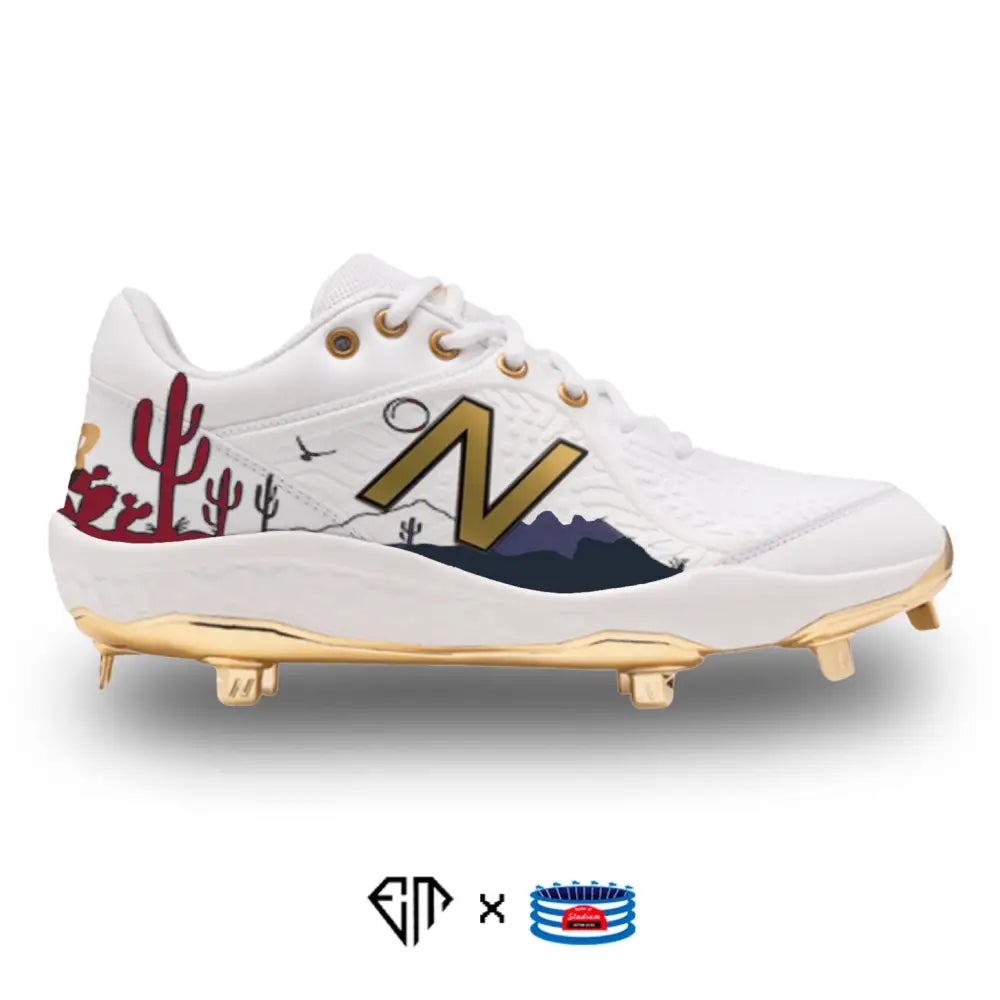 White Cactus New Balance 3000v5 baseball cleat with a desert scene design
