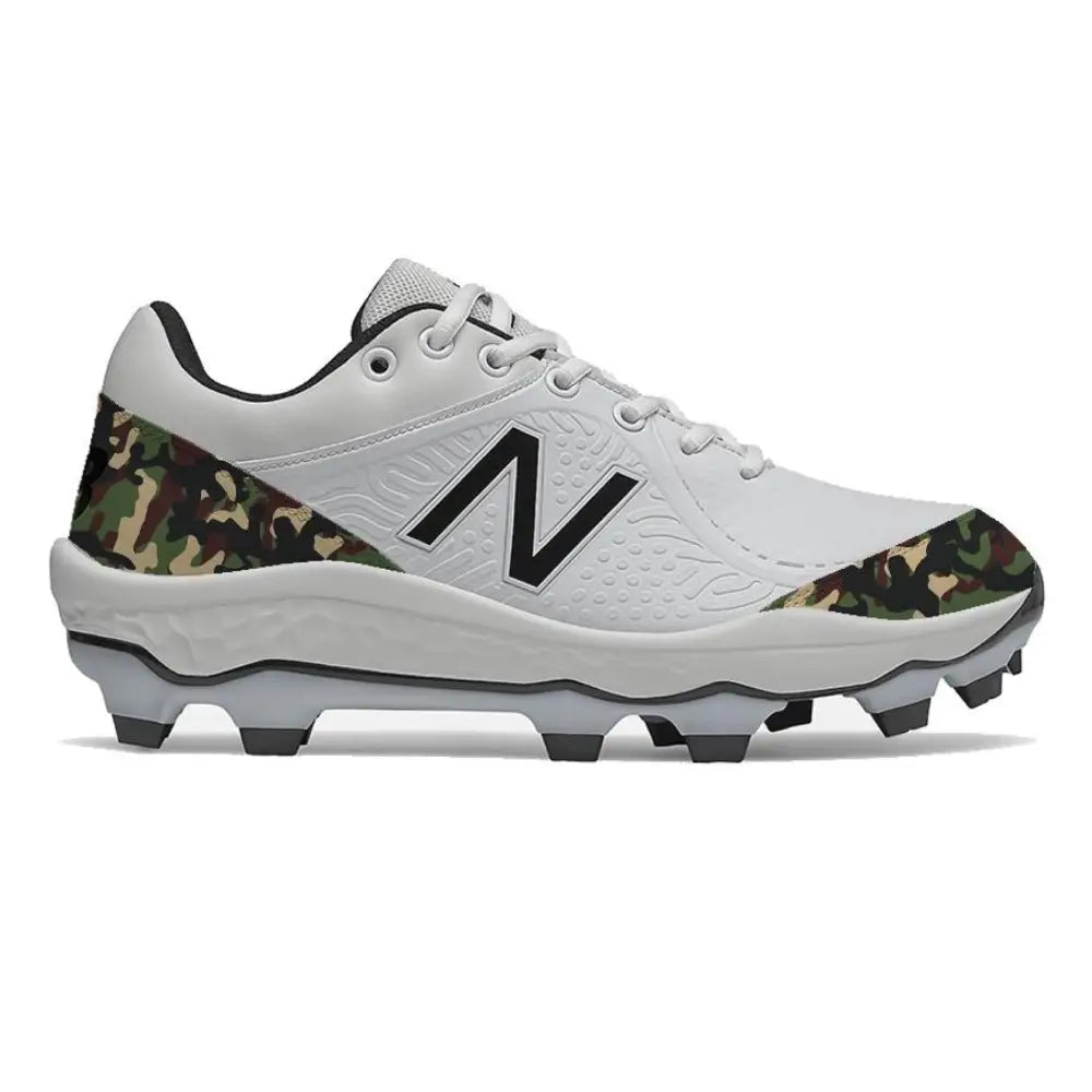 White and camouflage New Balance 3000v5 baseball cleats displayed in product image