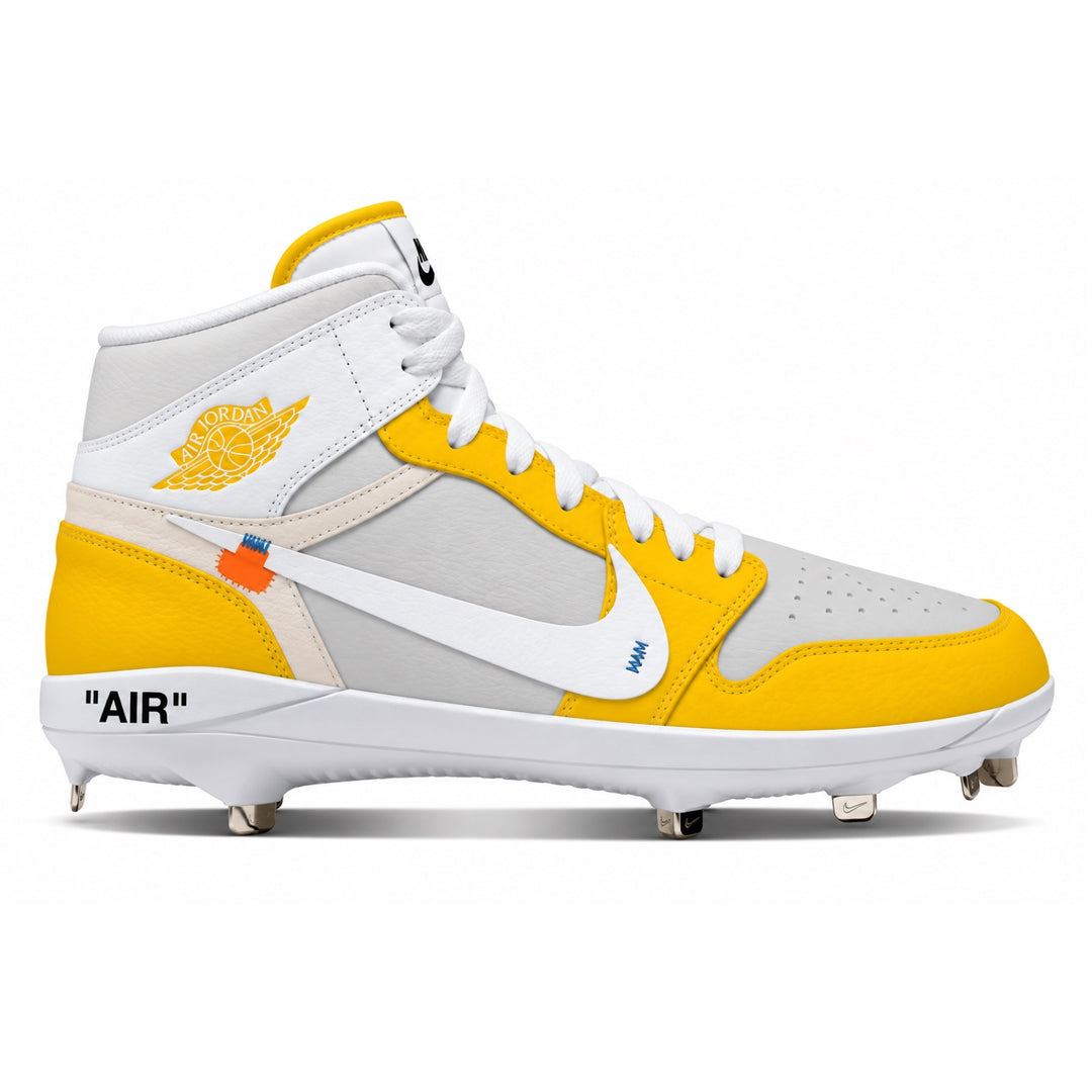 A high-top Nike baseball cleat featuring a white and light gray leather upper with bright yellow overlays, a white Swoosh, a yellow Wings logo, and 'AIR' text on the midsole, shown against a plain white background.