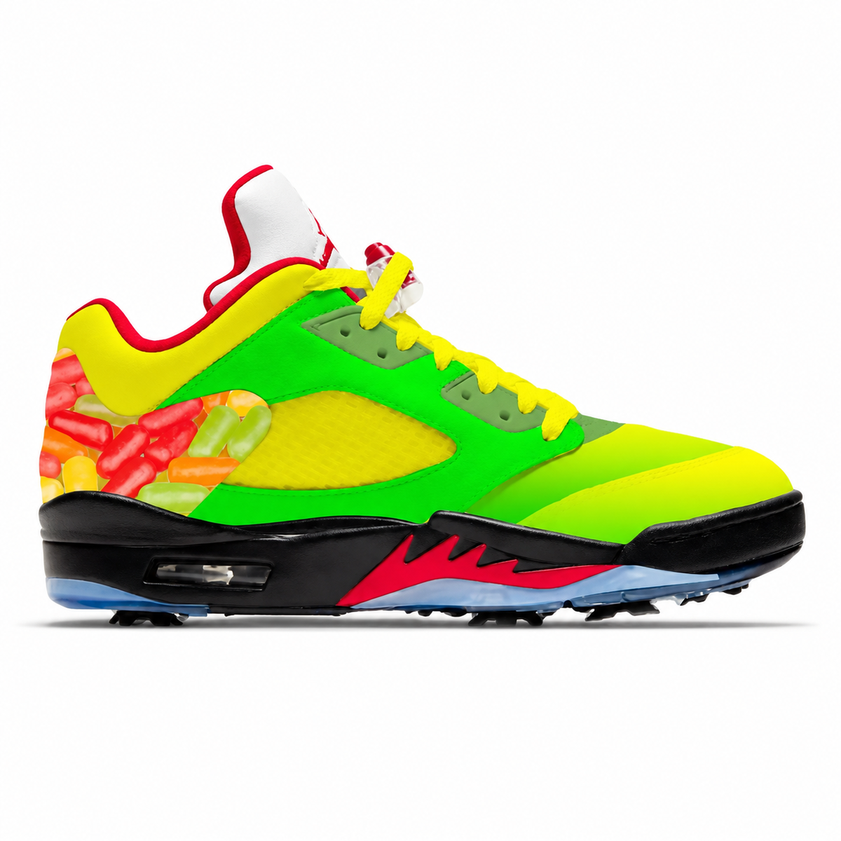 A low-top golf shoe shown in profile against a plain white background. The shoe features a bright neon green and yellow gradient upper with a multicolor candy pattern on the heel, a white tongue, and black and red accents on the midsole and outsole.