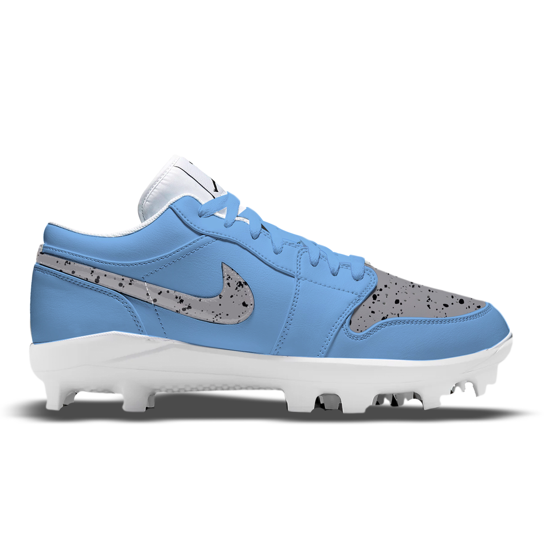 Blue and gray cleated shoe on a white background