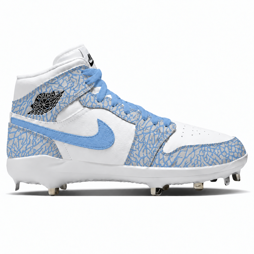 A high-top Nike Air Jordan baseball cleat in white, light blue, and light gray, featuring the classic Air Jordan Wings logo on the heel and a light blue Swoosh on a white side panel.