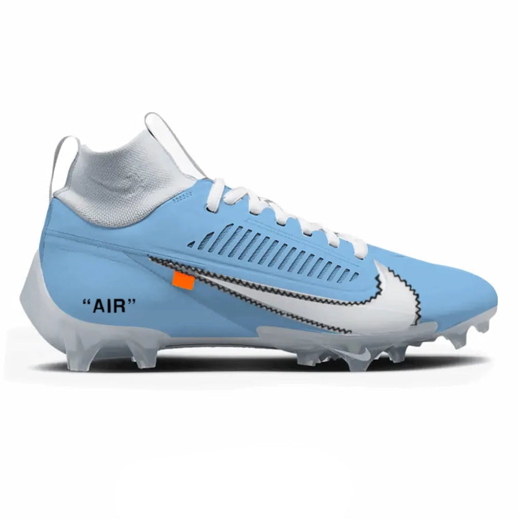 Light blue football cleats with white accents on a white background