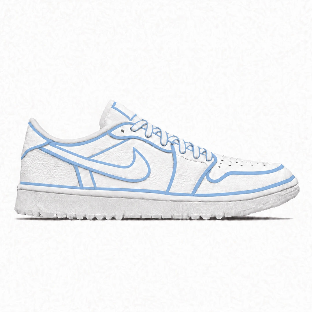 A white Jordan golf shoe with light blue outline detailing, shown in a side profile on a textured white background.