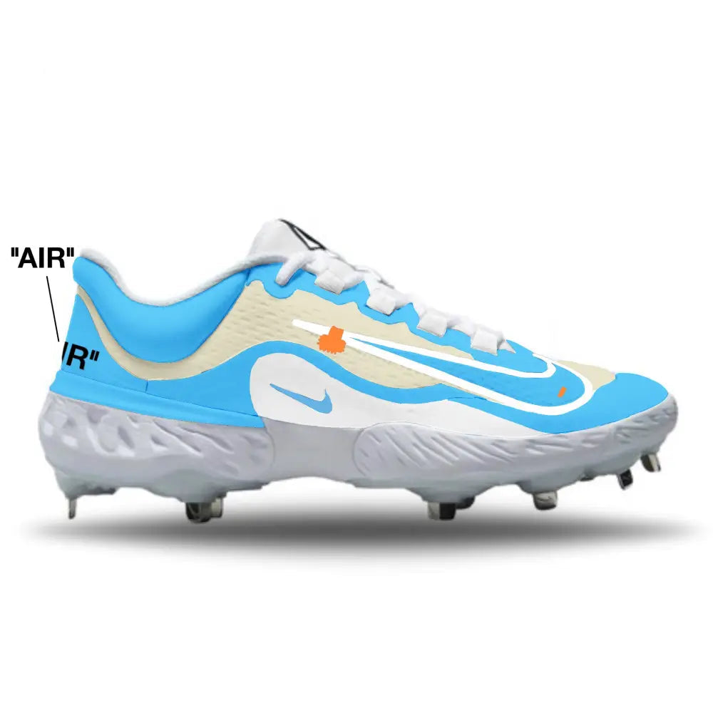 Carolina blue and white cleated shoe with 'AIR' branding on a white background