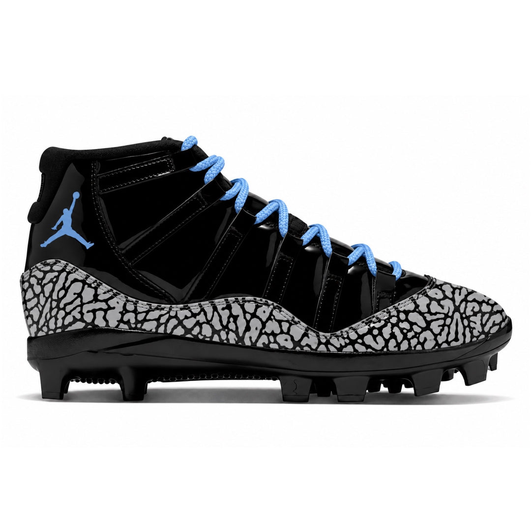 Black Jordan 11 Retro MCS baseball cleats featuring grey and white elephant print, Carolina blue laces and Jumpman branding, glossy black upper, and black cleated outsole by Stadium Custom Kicks.
