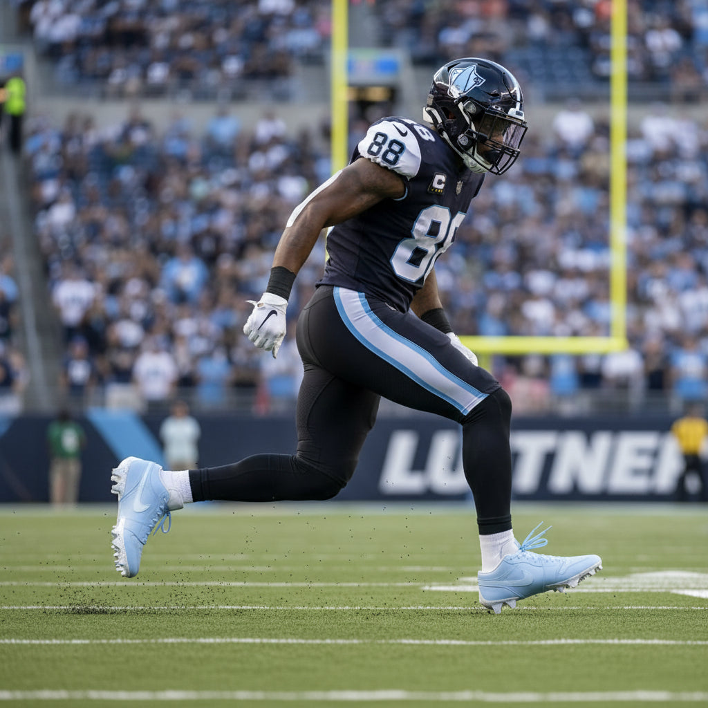 Football player wearing light blue Jordan 1 Vapor Edge Low cleats during a game on the field
