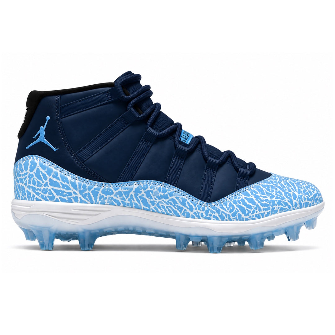 Navy Jordan 11 TD Retro football cleats with Carolina blue elephant print mudguard icy blue sole and blue Jumpman logo side view by Stadium Custom Kicks