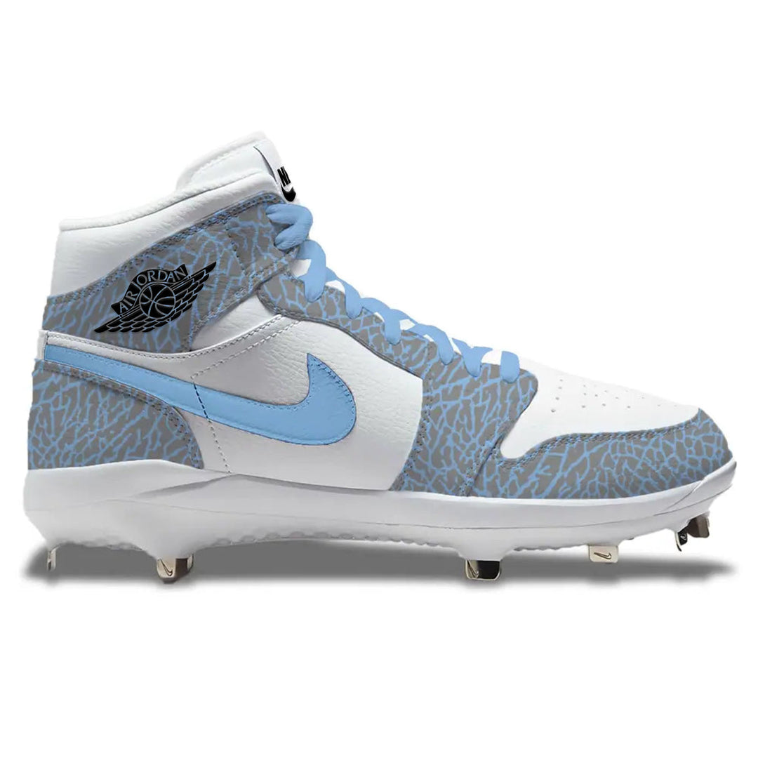 White , gray and baby blue Air Jordan baseball cleats with metal spikes