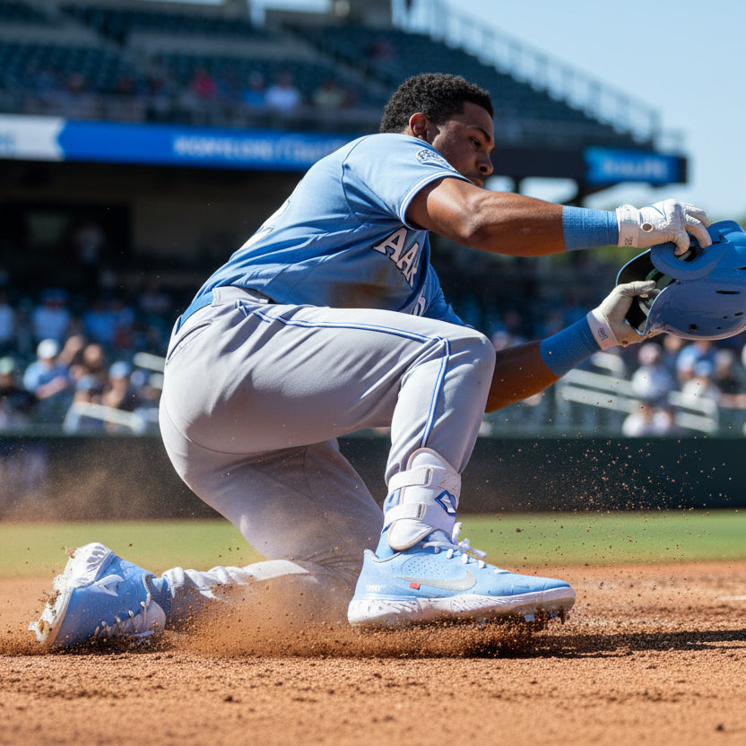 Baseball player wearing the custom hand painted Carolina Force OW Nike Alpha Huarache Elite 3 Low Cleats.
