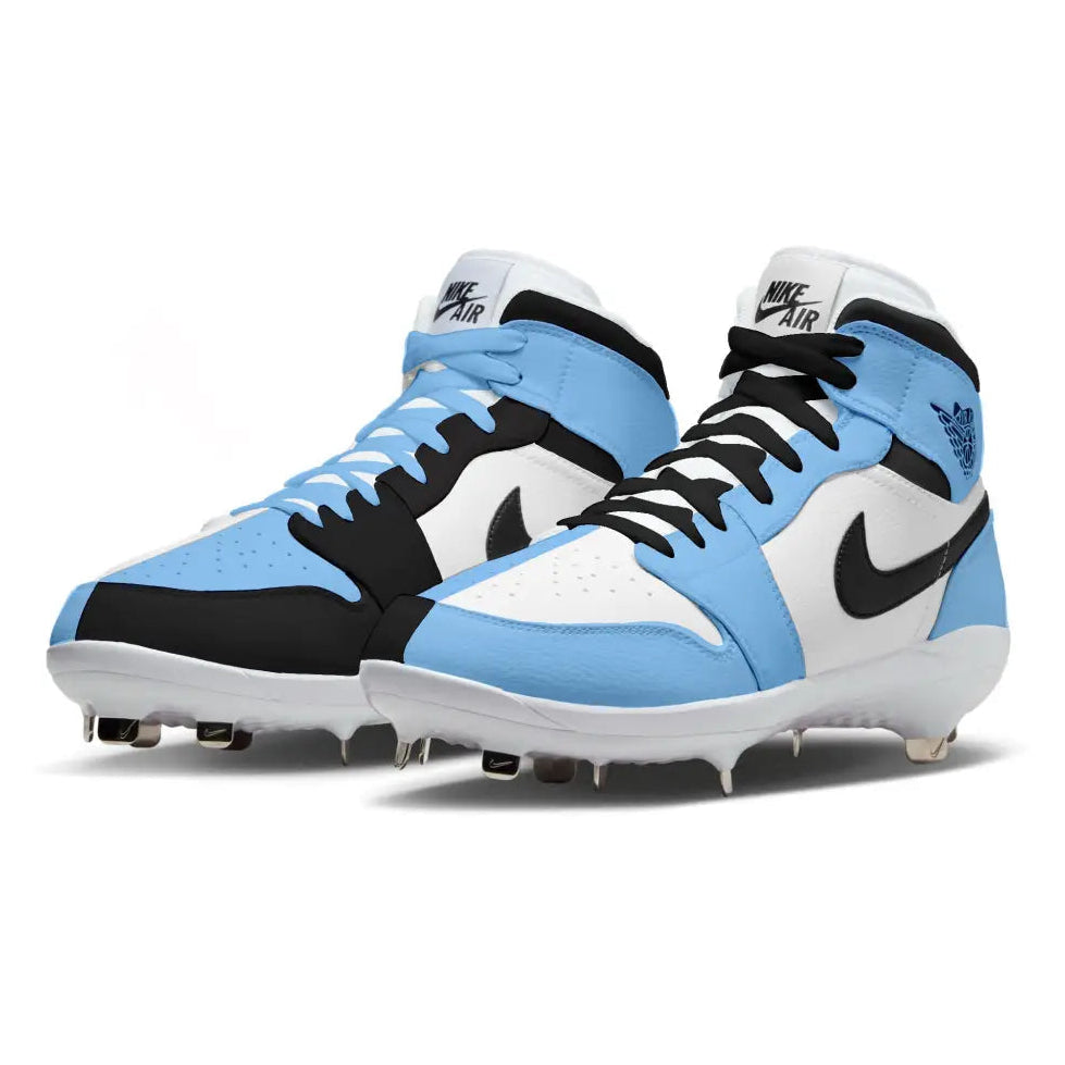Blue, white, and black cleats with Nike logo on a white background