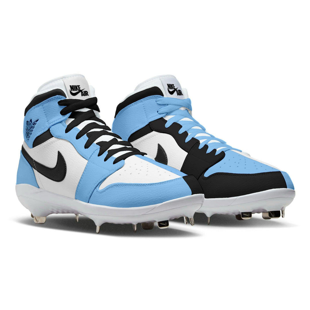 Blue, white, and black cleats with Nike logo on a white background