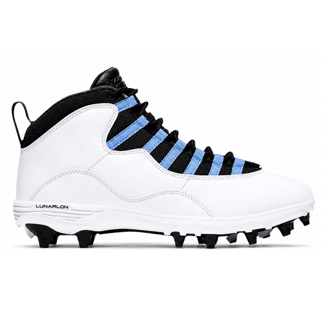 Custom white and blue baseball cleats with black detailing and blue accents by Stadium Custom Kicks