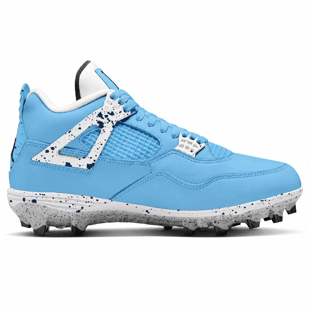 A light blue football cleat with white and black speckled accents on the logo, laces, and sole, shown from a side profile on a white background.