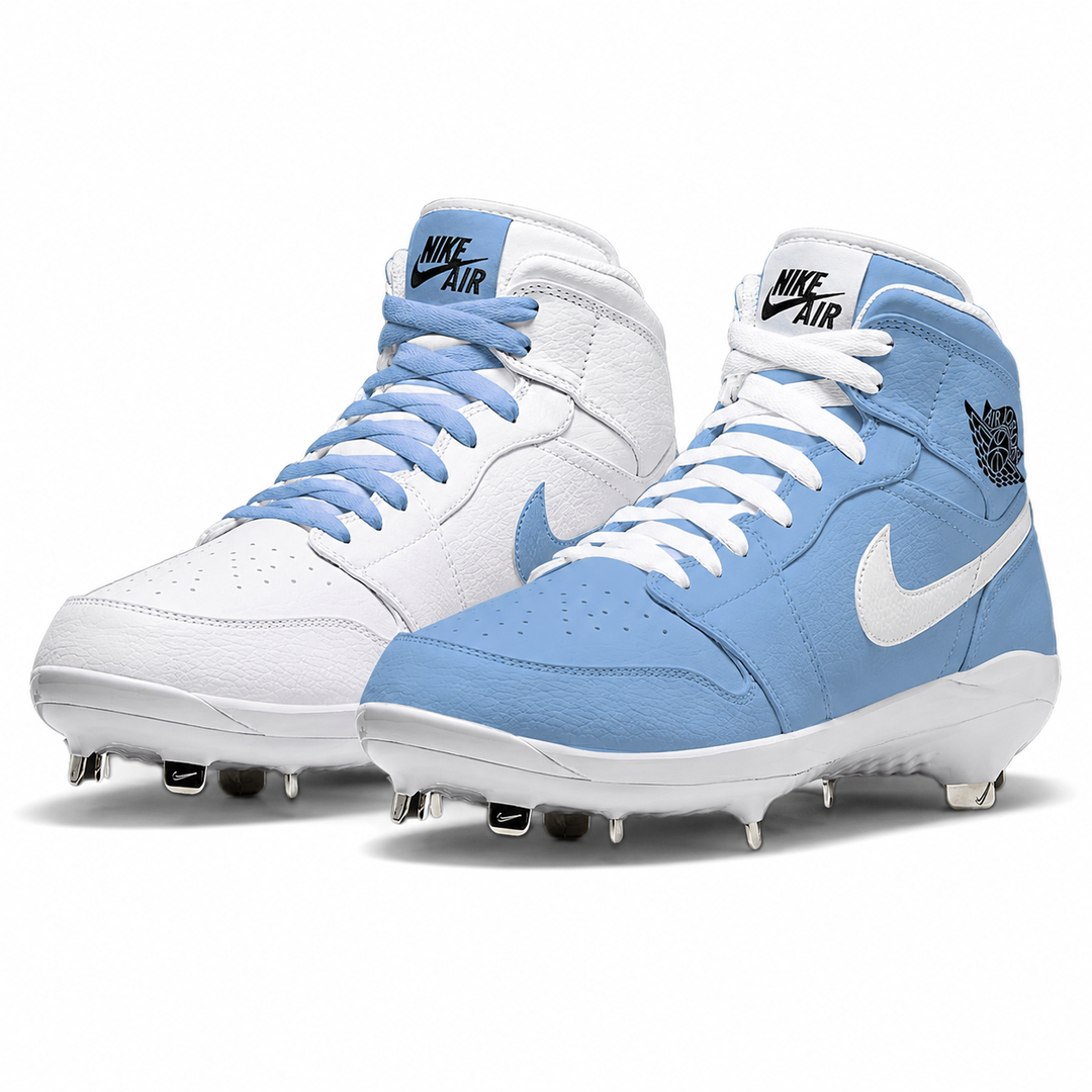 Pair of blue and white Nike Air cleats on a white background