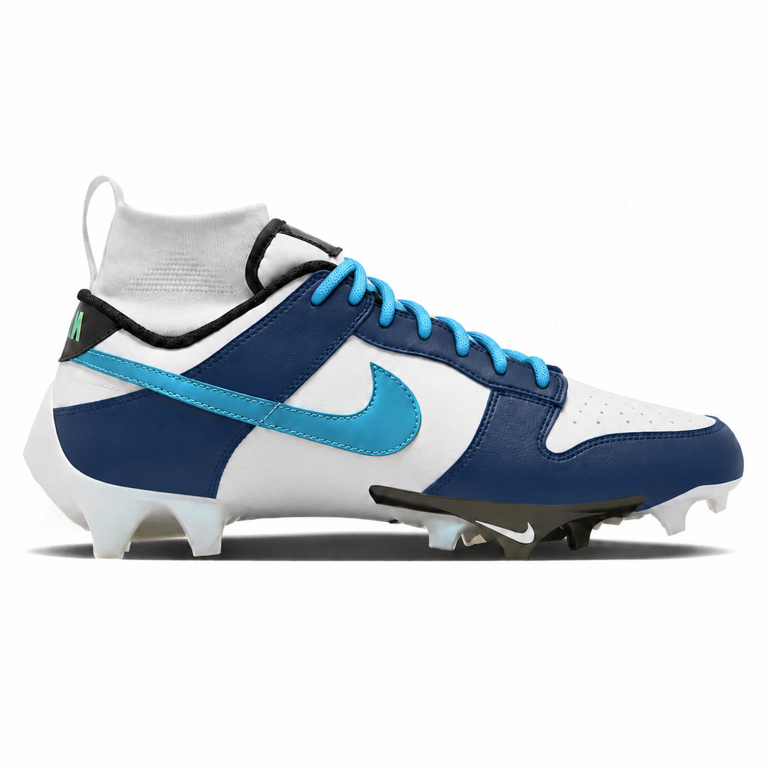 A Nike football cleat in navy blue, white, and light blue, shown from a side profile on a white background.