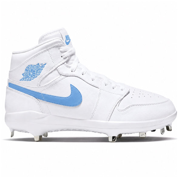 White and Carolina blue Jordan 1 Retro metal baseball cleats side view by Stadium Custom Kicks
