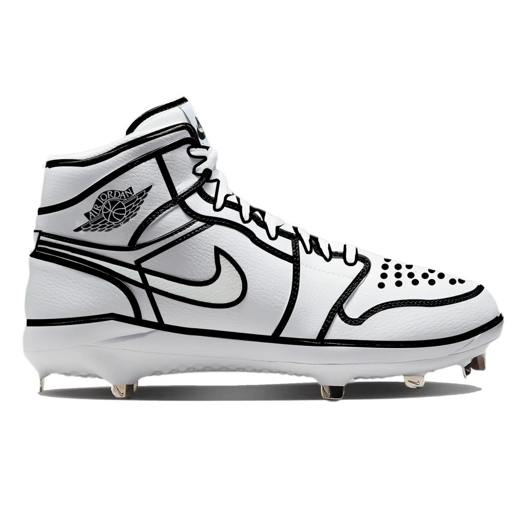 White cleated shoe with black accents on a white background