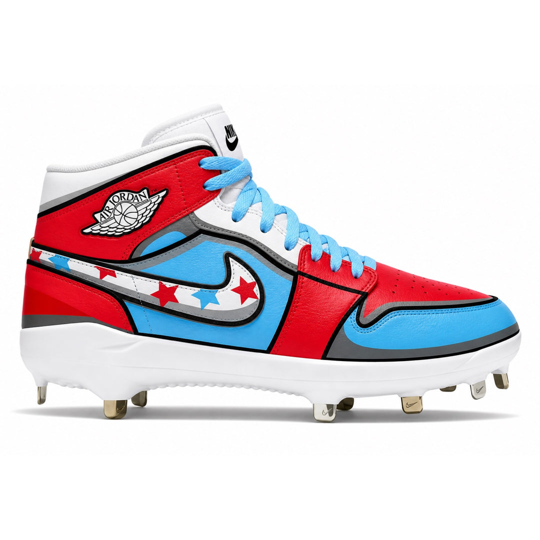 Red, white, and blue Cartoon Jordan 1 Retro Cleats for baseball footwear