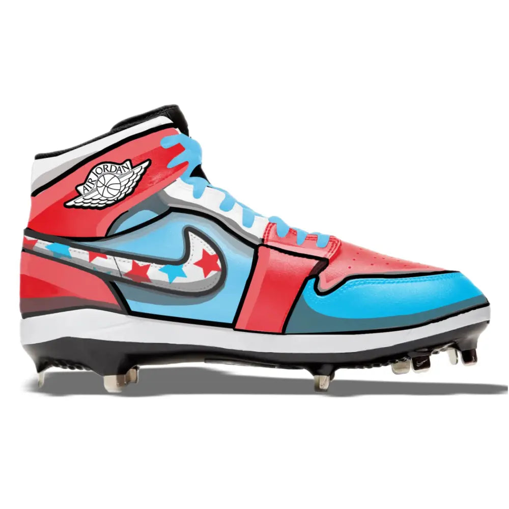 Red, white, and blue Cartoon Jordan 1 Retro Cleats for baseball footwear