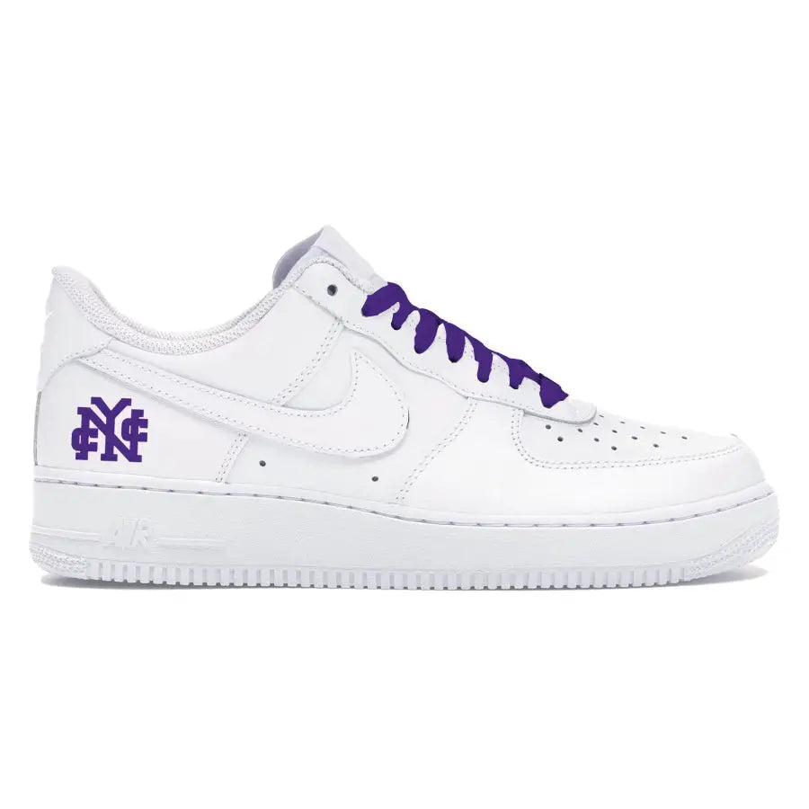 White Nike Air Force 1 Low sneaker with purple accents landing page image