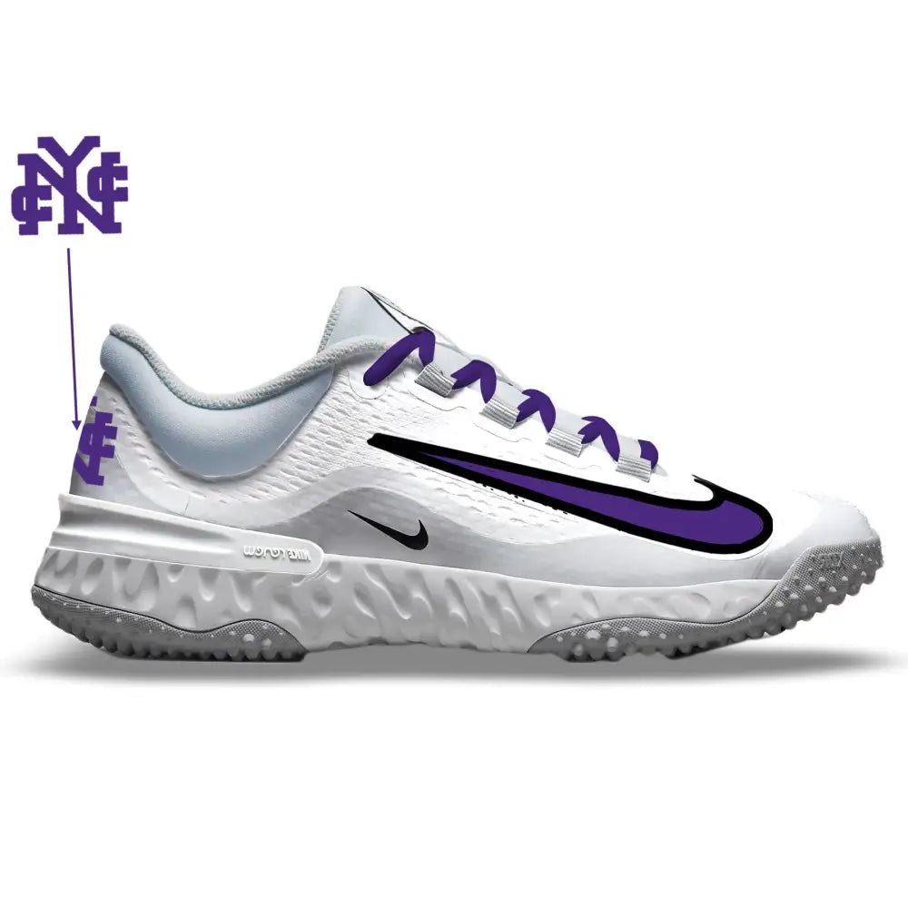 White and purple Nike sneaker from CCNY Nike Alpha Huarache Elite 4 Turfs collection