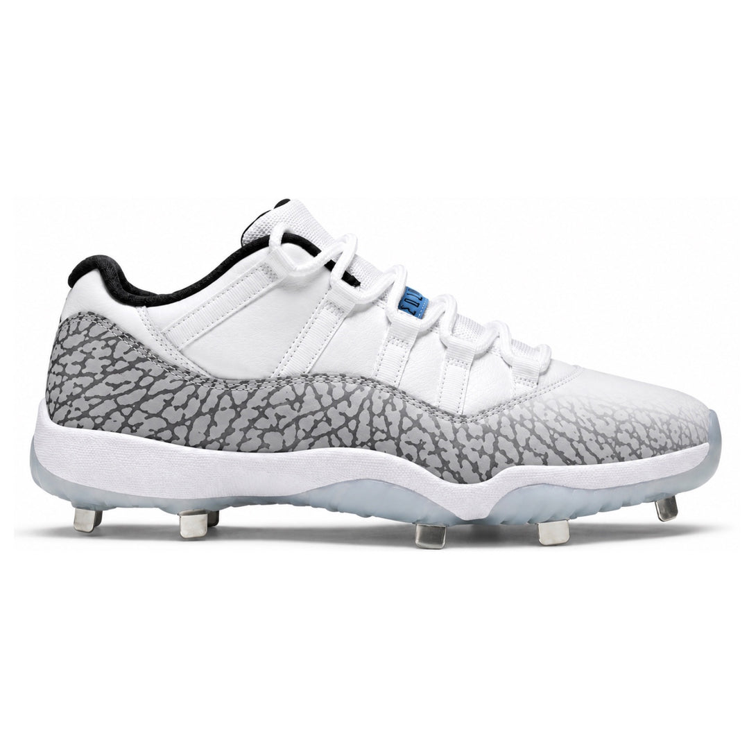 Cement Fade Jordan 1 Low metal baseball cleats featuring a grey elephant print overlay fading into crisp white leather, black ankle collar with white lace loop, blue Jordan tongue tag, translucent icy outsole, and metal spike traction by Stadium Custom Kicks