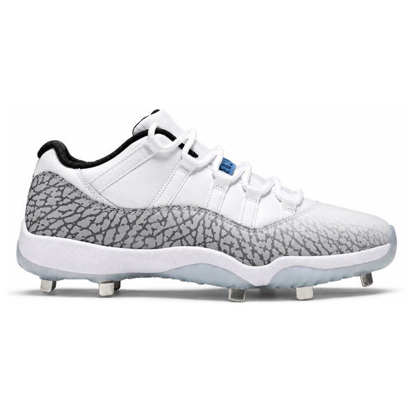Cement Fade Jordan 1 Low metal baseball cleats featuring a grey elephant print overlay fading into crisp white leather, black ankle collar with white lace loop, blue Jordan tongue tag, translucent icy outsole, and metal spike traction by Stadium Custom Kicks