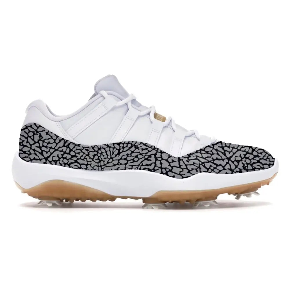 White and gray patterned Jordan 11 Retro Low Golf Shoe for stylish play