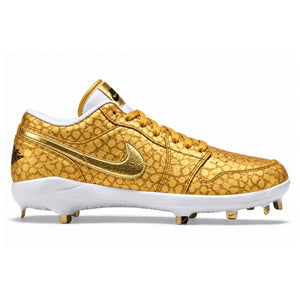Metallic gold Jordan 1 Retro baseball cleats with textured spotted gold upper gold Swoosh gold laces white cleat plate and metal spikes side view by Stadium Custom Kicks