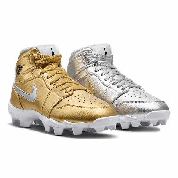 Custom colorway featuring a metallic gold upper with silver Swoosh on the left cleat and a metallic silver upper on the right cleat, both with white molded cleat soles by Stadium Custom Kicks.