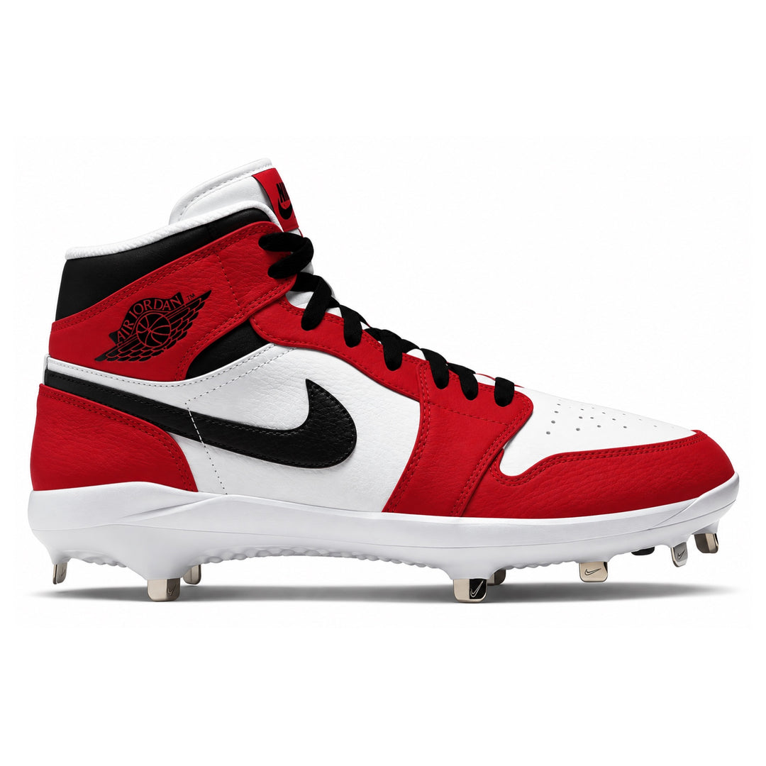 A high-top baseball cleat in the classic red, white, and black colorway, featuring a white leather base with red overlays, a black Nike swoosh, and a black Jordan Wings logo on the side.