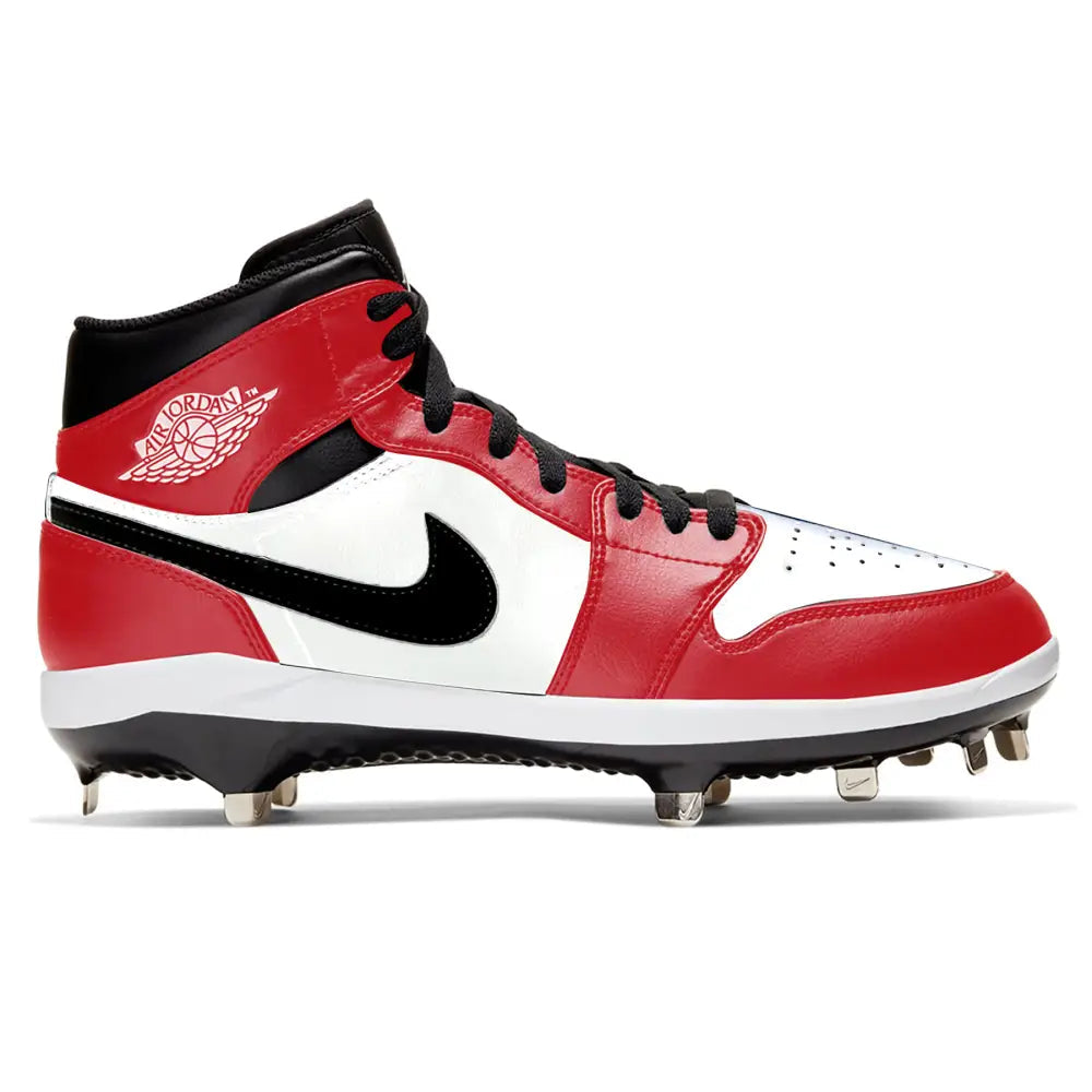 Red and white Chicago Jordan 1 Retro Cleats for baseball with stylish design
