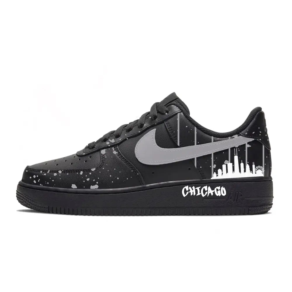 Black sneaker with 'Chicago' design and Nike logo on a white background