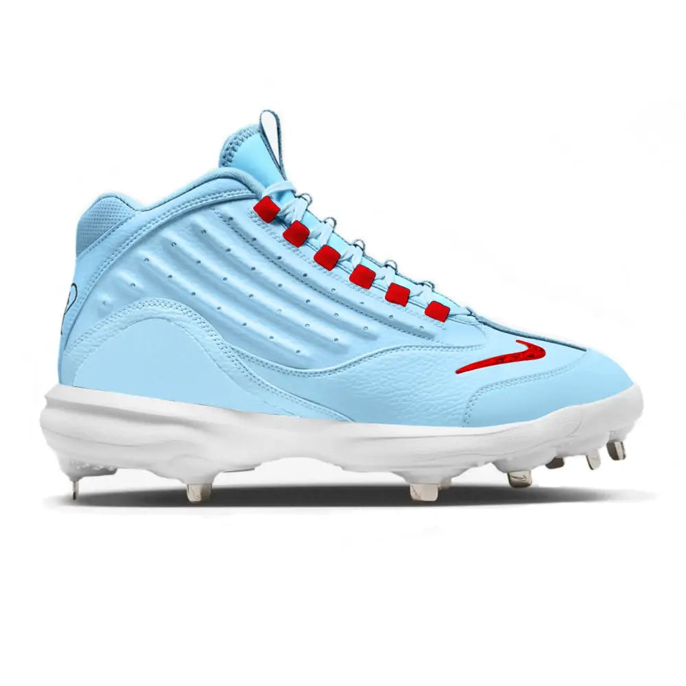 Light blue Nike Griffey 2 baseball cleat with red accents for Chicago sports fans