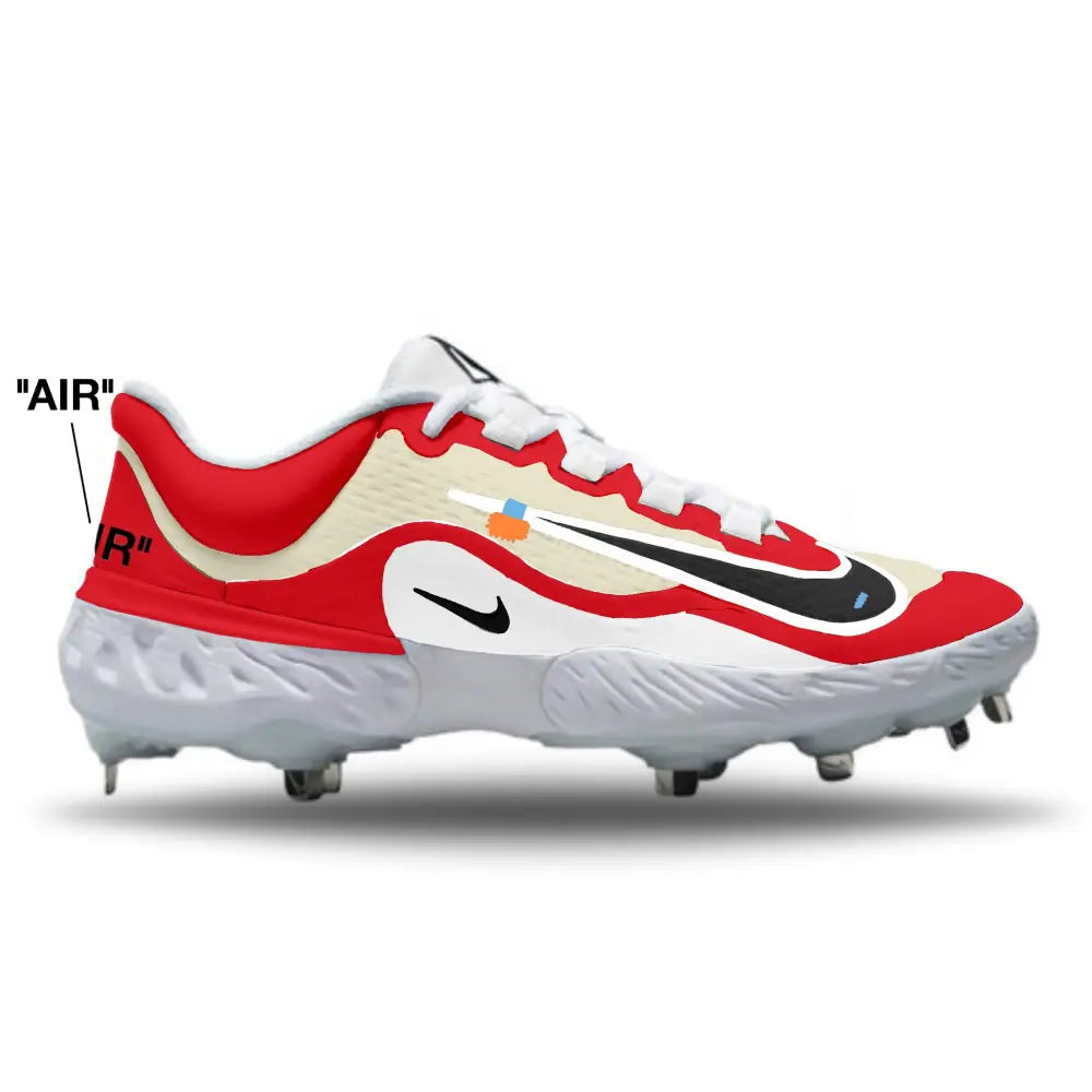 red, white and beige baseball cleats on a white background
