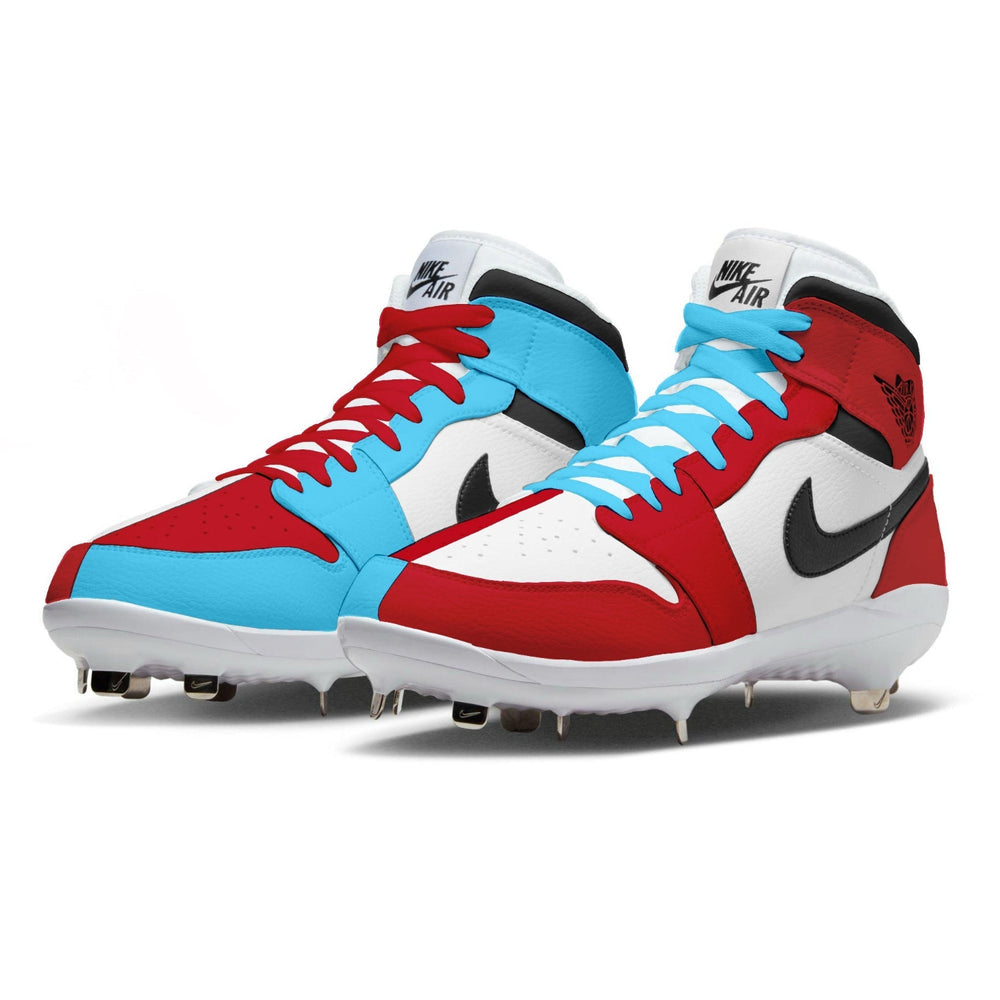 Red, white, and blue Nike Air cleats on a white background