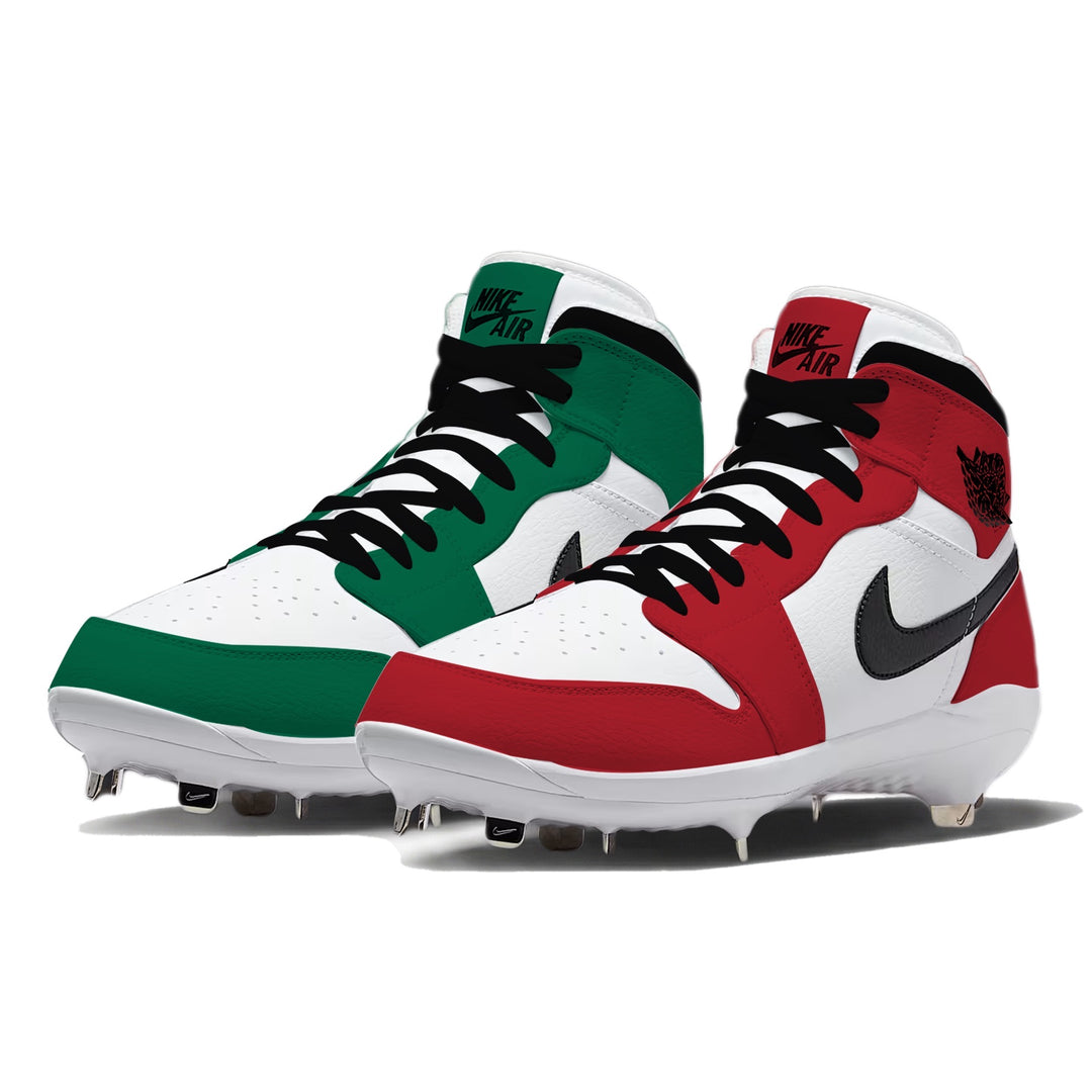 Christmas mismatch Jordan 1 Retro football cleats featuring red and green colorways with white leather panels and black laces