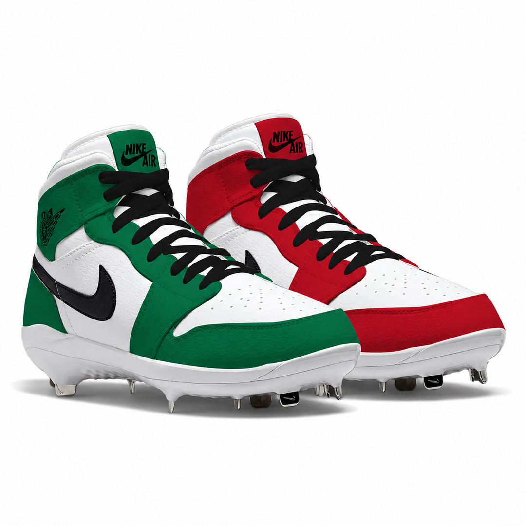 Pair of Nike cleats in green, white, and red on a white background