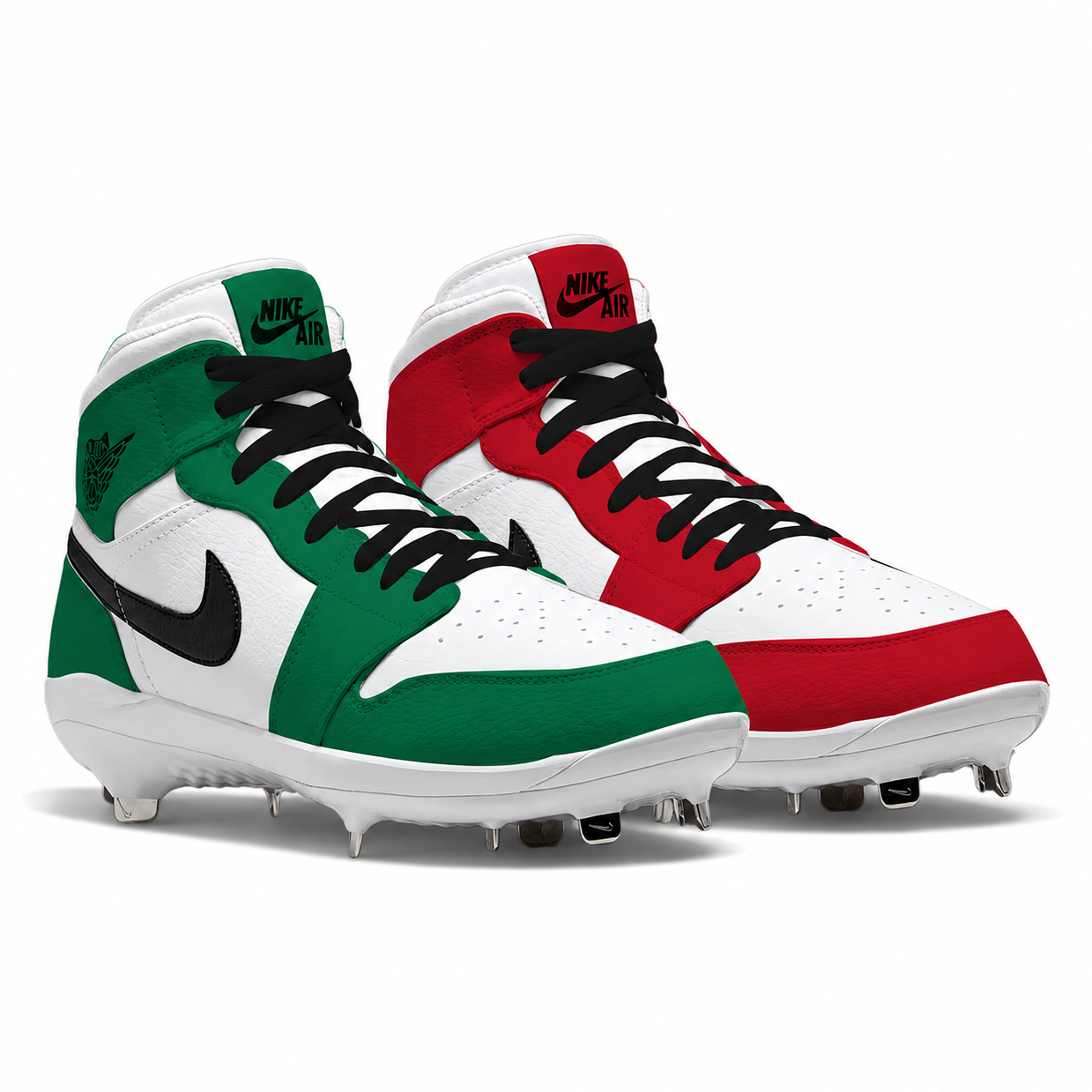 Pair of Nike cleats in green, white, and red on a white background