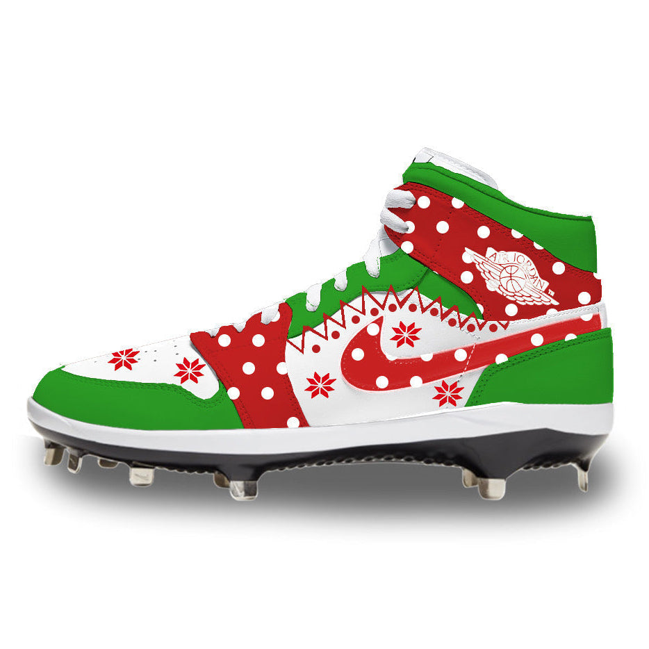 Christmas-themed baseball cleat from Christmas Sweater Jordan 1 Retro Cleats product line
